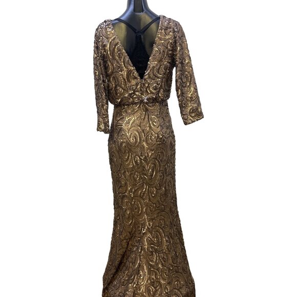 Badgley Mischka Collection Women's Sequin Gown Size 8 Bronze Long-Sleeve V-Back - Picture 2 of 10